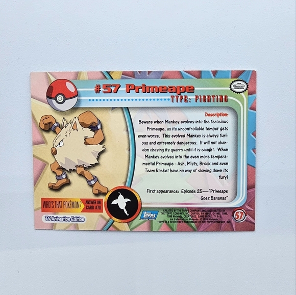Pokemon 1999 TOPPS Primeape #57 Blue Logo TV Animation Edition Card - Picture 4 of 4